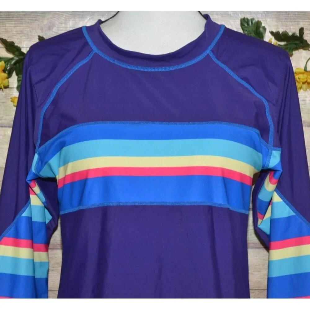 Women’s Long Sleeve Rash Guard Bikini Set in Purple with Multi-Color Stripes